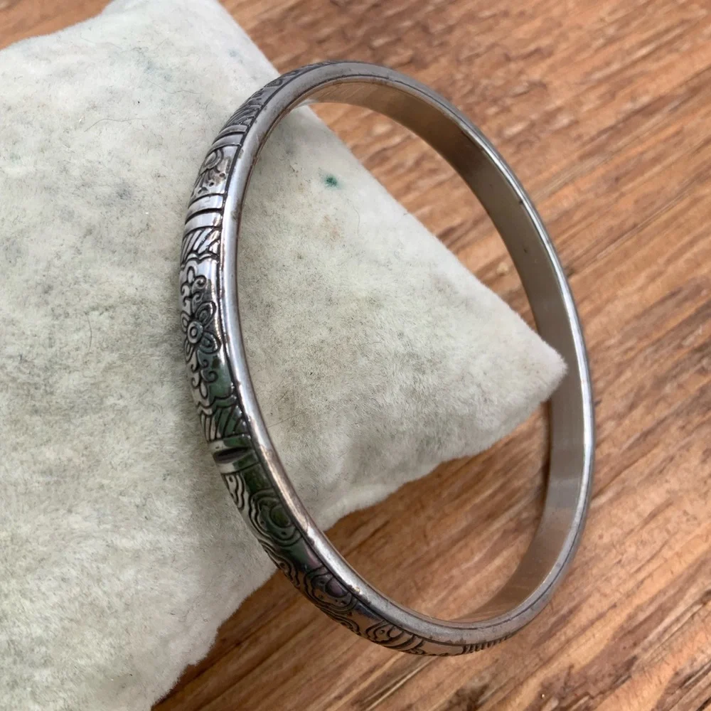 Brighton Silver-Tone Floral and Love Pattern Engraved Bangle Bracelet